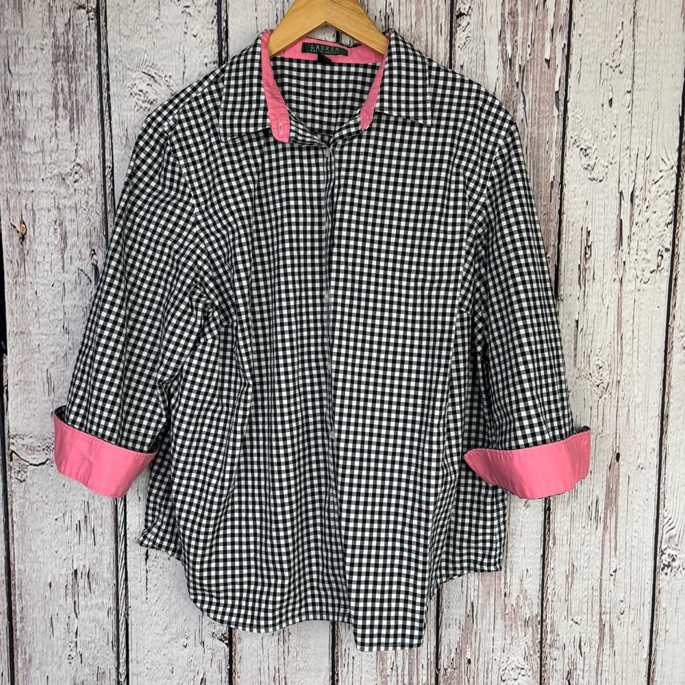 Lauren Ralph Lauren Plus Size 2X Black White Gingham Check Button Down Shirt Top - Picture 1 of 13